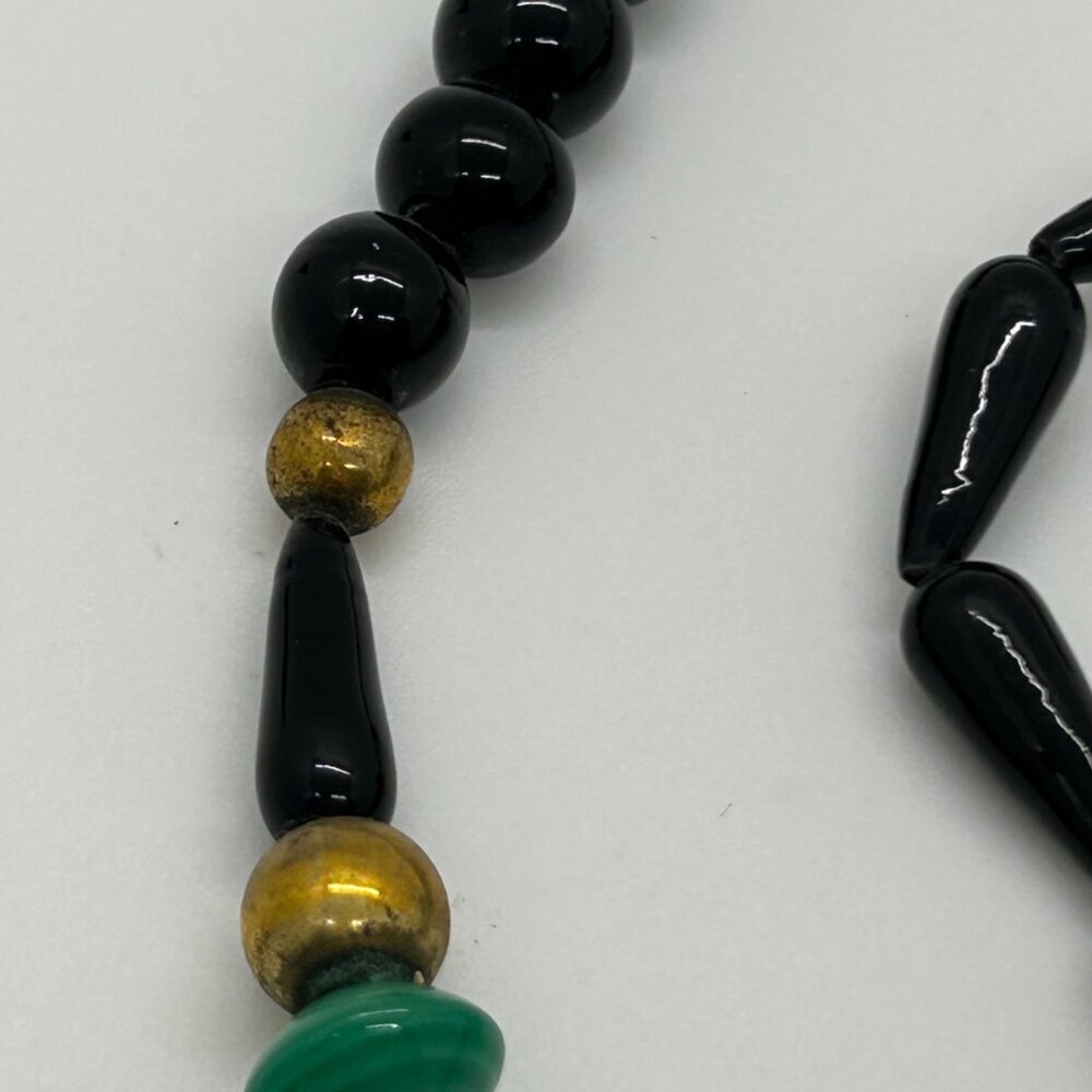 Vintage Glass Beaded Necklace Black Green Brass Accents Statement Long Art Deco - Picture 10 of 16